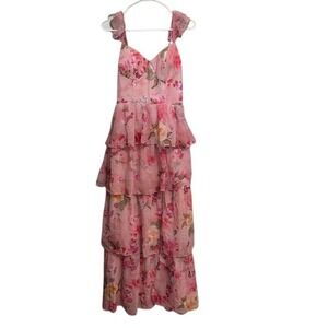 Floral Pink‎ Maxi Dress Ruffle Tiered Corset Back Party Wedding Homecoming Prom